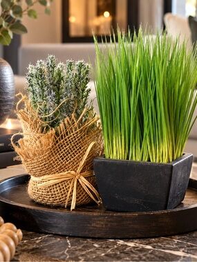 Lot of 2 Artificial Greenery Plants – Black Planter & Rustic Burlap Wrapped